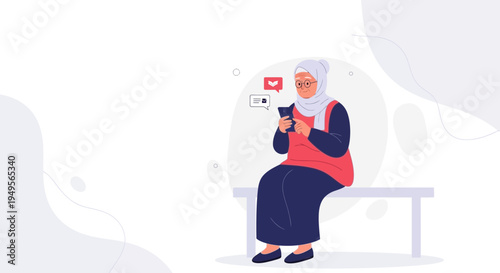 Elderly Muslim Woman Using Smartphone, Receiving Social Media Notifications