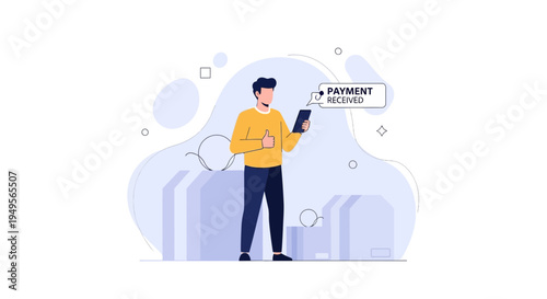 Man receives payment notification on phone, thumbs up, online transaction concept