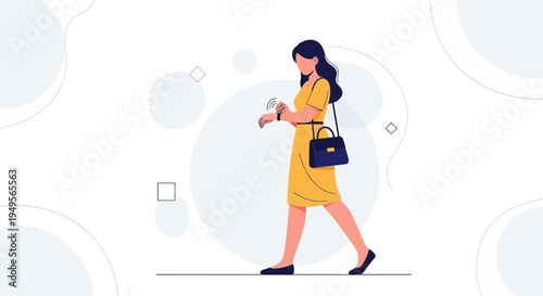 Woman in yellow dress checking smartwatch while walking, modern flat illustration