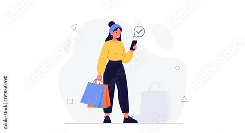 Woman with Shopping Bags Using Smartphone, Online Shopping Concept