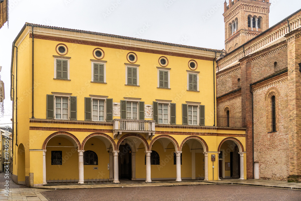 Fototapeta premium Bishop's Palace in Crema with portico and yellow facade.