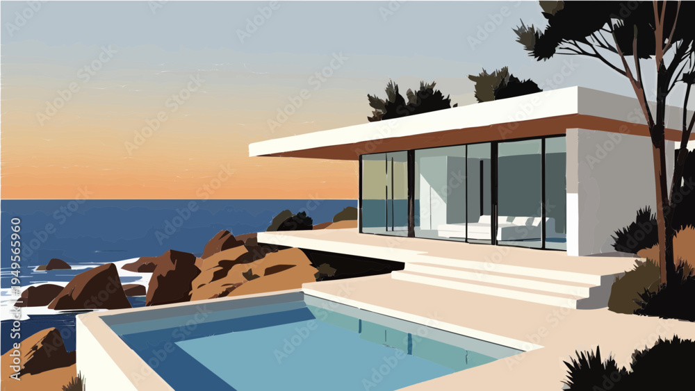 Fototapeta premium Modern luxury villa with pool overlooking rocky ocean coast at sunset vector illustration