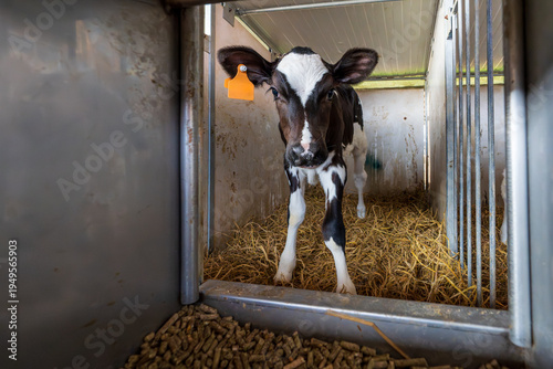 Holstein calf in individual hutch with feed pellets in the foreground.