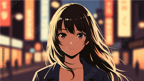 Anime style young woman with long dark hair and bangs in neon city night background illustration