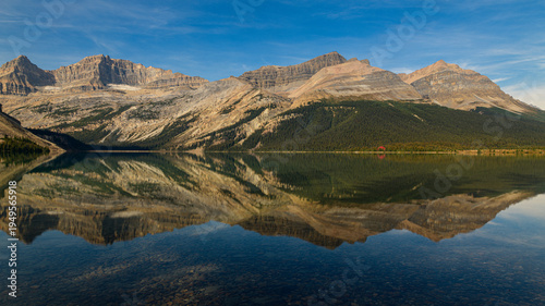 Obraz na plátne Panoramic View of Bow Lake with Mirror-Like Surface