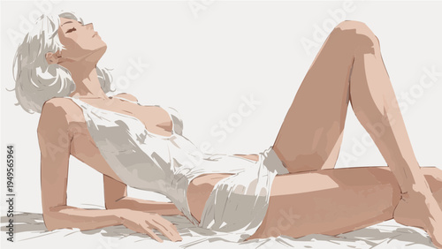 Relaxed woman with white hair lying on white surface in elegant pose vector illustration