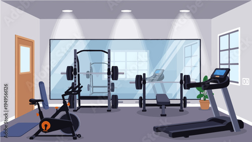 Modern gym interior with weights treadmill and bike vector illustration