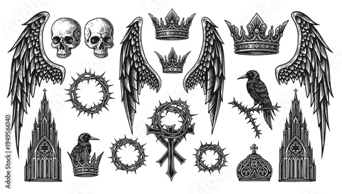 Vintage gothic engraving illustration set featuring skull with wings, gargoyle statues, bat wings, cross, cathedral architecture and crown of thorns.