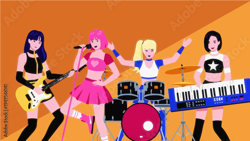 Colorful pop band with female singers and instruments on orange background illustration