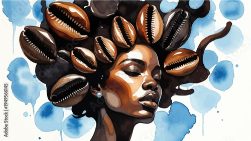 African woman with shell and bead hairstyle in blue splash background illustration