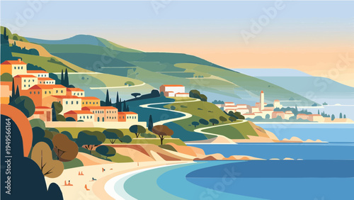 Tropical coastal town with beach hills and red roofs vector illustration