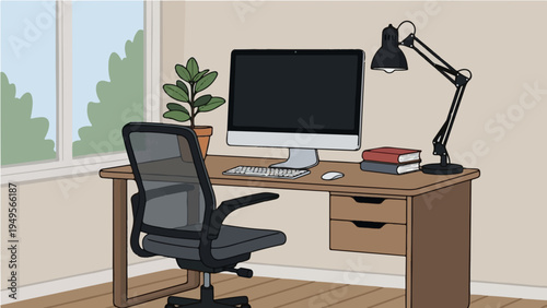 Home office desk setup with computer chair and lamp vector illustration