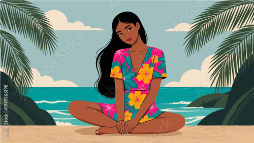 Woman in floral dress meditating on tropical beach with palms vector illustration