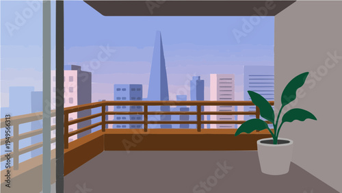 Modern balcony with city view plant and wooden railing vector illustration