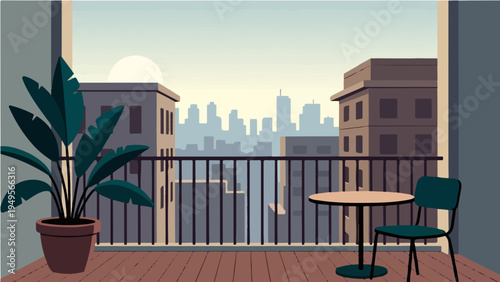 City balcony with potted plant and table overlooking skyline vector illustration