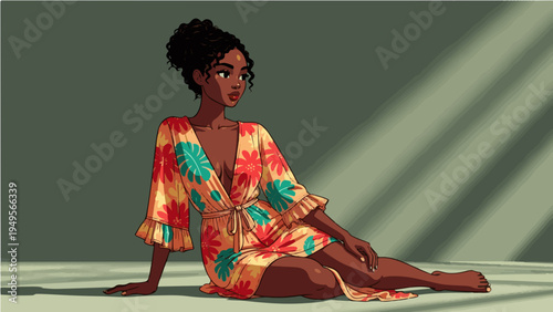 Woman with afro hair in colorful floral dress sitting on floor with light rays illustration