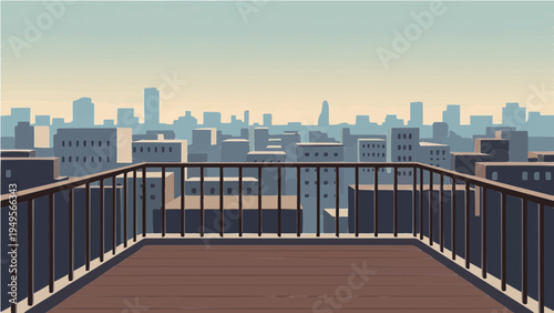 Empty city balcony with railing and wooden floor at dusk vector illustration