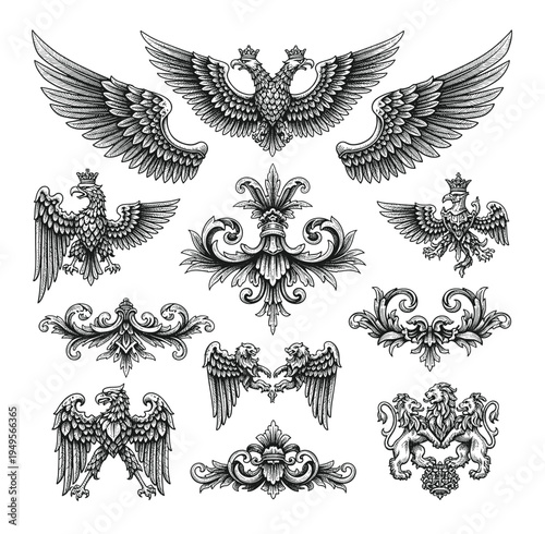 Luxury decorative vector elements set, wings,griffin,lion,rococo and baroque style, vintage luxury royal vignette