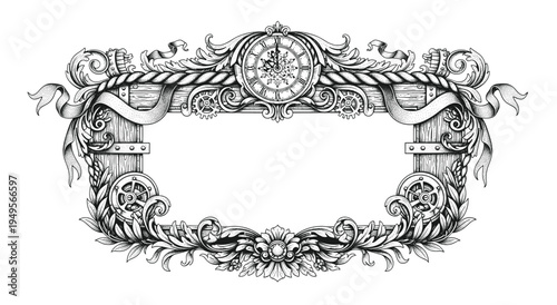 ornate vintage frames with baroque and rococo elements, including ribbon, floral elements, presented in a hand-drawn black and white sketch style