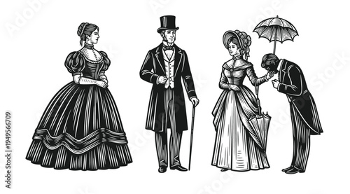 Vintage engraving style illustration set featuring victorian era ladies and gentlemen silhouettes