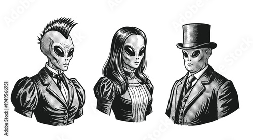 Vintage engraving illustration featuring alien characters dressed in Victorian era clothing including gentleman suit, elegant dress and top hat.