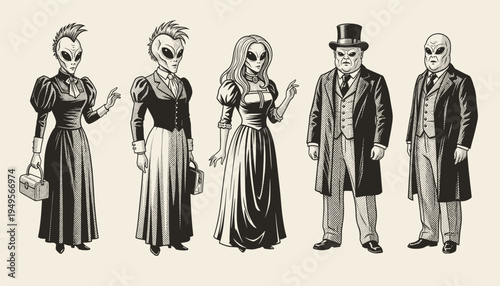 Vintage engraving illustration featuring alien characters dressed in Victorian era clothing including gentleman suit, elegant dress and top hat.