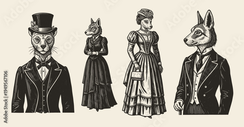 Vintage engraving style illustration set depicting Victorian era ladies and gentlemen silhouettes with classic historical fashion and elegant retro character design.