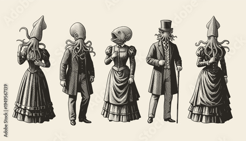 Vintage hand drawn sketch of anthropomorphic animals  in Victorian gentleman suits, dapper animal characters, formal attire, cad drawing flat vector illustration