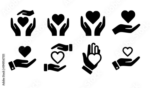 Hands protecting heart pictogram icons vector love care support symbol set