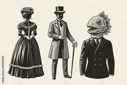 Vintage hand drawn sketch of anthropomorphic animals  in Victorian gentleman suits, dapper animal characters, formal attire, cad drawing flat vector illustration