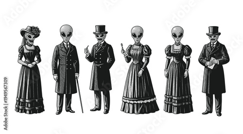 Vintage engraving illustration featuring alien characters dressed in Victorian era clothing including gentleman suit, elegant dress and top hat.