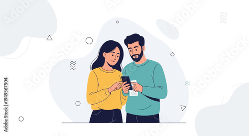 Couple Looking at Smartphone Together, Modern Flat Illustration