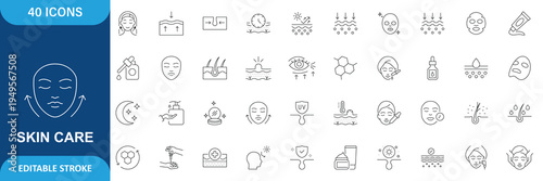 Skin care icons set. Containing Moisture cream, acid, anti wrinkle serum, ceramide, collagen, retinol compound, sunscreen. Editable stroke.