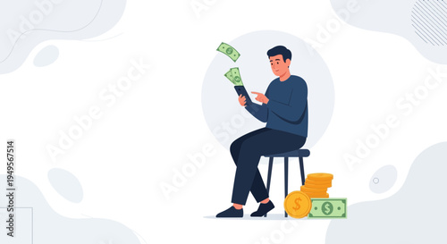 Man with money on phone, coins, and banknotes, financial success concept