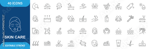 Skin care icons set. Containing Moisture cream, acid, anti wrinkle serum, ceramide, collagen, retinol compound, sunscreen. Editable stroke.