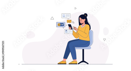 Woman using smartphone with notifications and messages floating around her