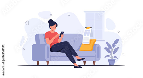 Woman Relaxing on Sofa Using Smartphone, Modern Living Room Interior