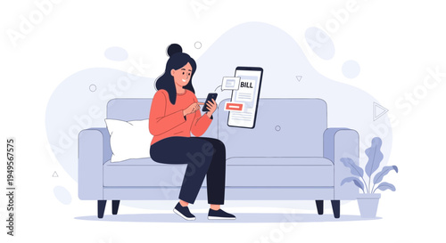 Woman using smartphone to pay bills online while sitting on couch at home