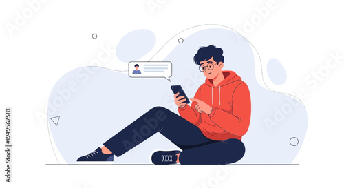 Young man in glasses using smartphone, receiving message, flat design illustration