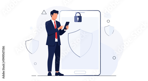 Businessman using smartphone with digital security shield and lock icon on screen