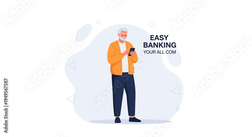 Elderly Man Using Smartphone for Easy Banking App, Modern Lifestyle