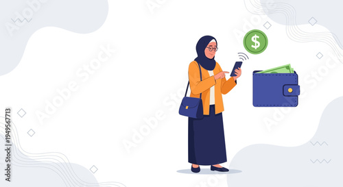 Muslim Woman Using Smartphone for Mobile Payment Near Wallet and Dollar Sign