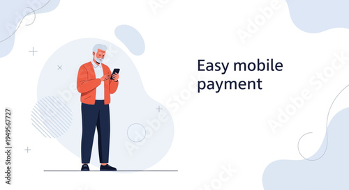 Elderly man using smartphone for easy mobile payment, illustration