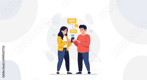Two people sharing information on smartphones, digital communication concept