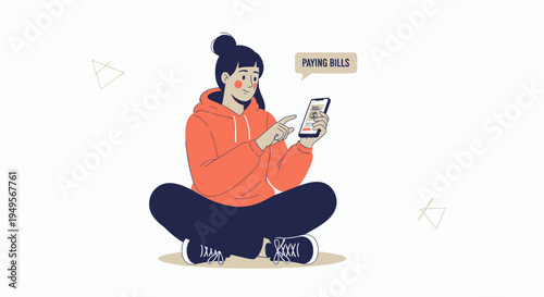 Woman Paying Bills Online Using Mobile Phone, Sitting Cross-legged