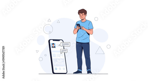 Man Texting on Phone, Chat Bubbles, Social Media Communication, Digital Connection