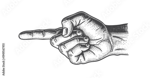 Pointing hand gesture illustration, forefinger directed towards viewer, vintage style drawing.