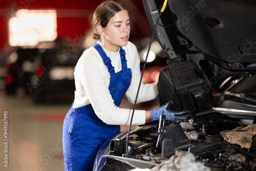 Quadro su tela Female auto mechanic changing air filter in car engine