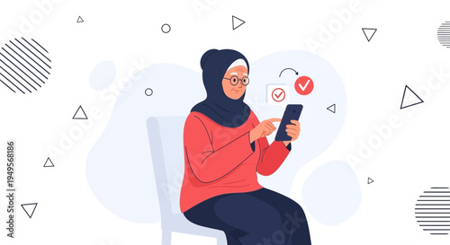 Elderly Muslim Woman Using Smartphone for Online Communication and Tasks