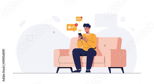 Man using smartphone on sofa, receiving notifications, home and message icons